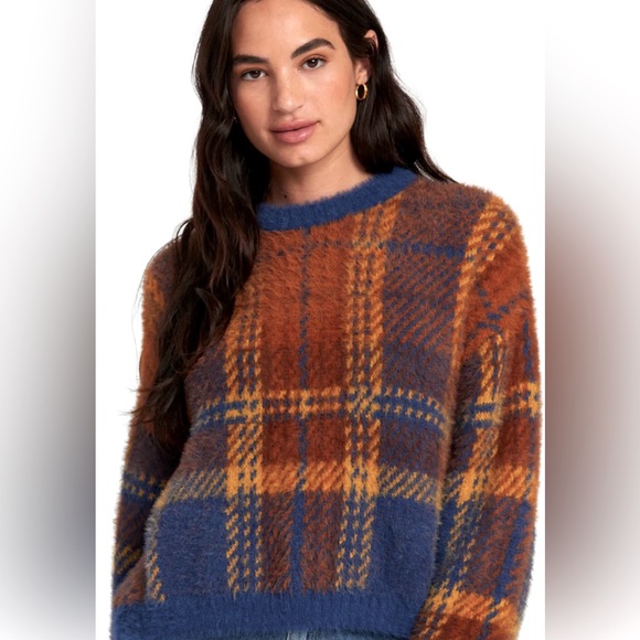 RVCA Fuzzy Plaid Long Sleeve Crewneck Fuzzy Sweater, Size Small - Picture 2 of 14